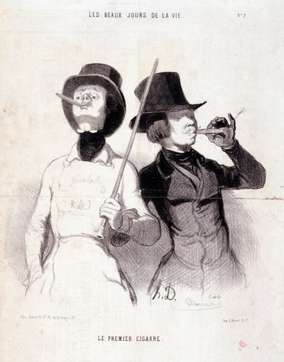 Caricatura sobre jóvenes dandis. Serie "Los Bellos Días de la Vida": "El primer cigarro". Grabado de Honoré Daumier (1808-1879). Extracto del periódico "Le Charivari" del 31 de diciembre de 1843 de Honoré Daumier