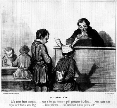 Caricatura de Daumier sobre el maíz y los escolares. “El servicio de un amigo”: - Al menos en el momento adecuado... no eres como este pequeño perezoso Julien... ¡sabes tu lección al dedillo! - Viejo tonto va... ¡es en la punta del mío que él sabe de Honoré Daumier