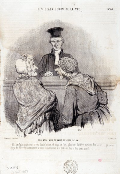 Caricatura sobre relaciones de vecindario: Serie "Los Bellos Días de la Vida": "Vecinos ante el Juez de Paz...". Grabado de Honoré Daumier (1808-1879). Extracto del periódico "Le Charivari" del 15 de mayo de Honoré Daumier