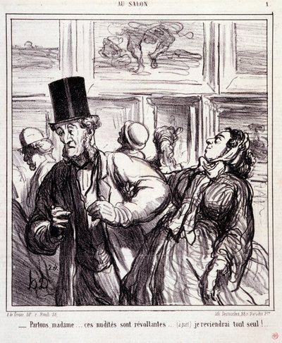 Caricatura sobre amantes del arte: Serie "En el salón": Dejemos a madame... estas desnudez son revoltantes... Volveré solo. Grabado de Honoré Daumier (1808-1879). Extracto del periódico "Le Charivari" del 5 de mayo de Honoré Daumier