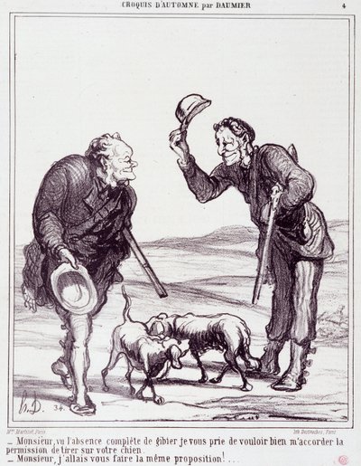 Caricatura sobre cazadores: Serie "Boceto de Otoño": Señor, dada la completa ausencia de caza, por favor concédame permiso para disparar a su perro... Grabado de Honoré Daumier (1808-1879). Extracto del periódico "Le Charivari" del 28 de septiembre de Honoré Daumier