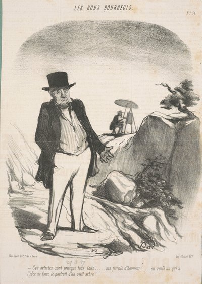 Estos artistas están casi todos locos... ¡Mi palabra de honor!... ¡Aquí hay uno que tiene la idea de hacer el retrato de un viejo árbol! de Honoré Daumier