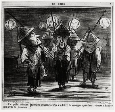 Patrulla china, guerreros que tomaron demasiado al pie de la letra las instrucciones que les dieron para iluminar la marcha del enemigo. En la serie En Chine, ilustración de Honoré Daumier, publicada en “Charivari”, fechada el 25 de enero de Honoré Daumier