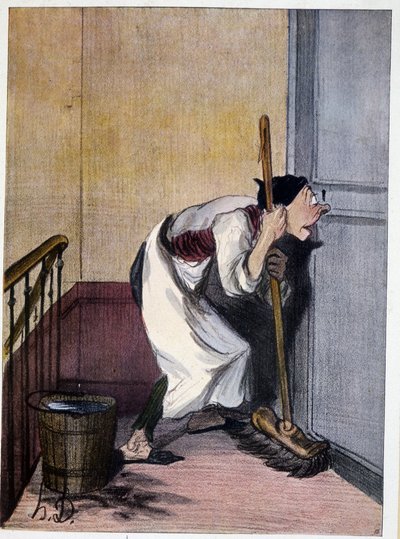 Conserje mirando por el ojo de la cerradura - dibujo de Daumier, s.f. siglo XIX de Honoré Daumier