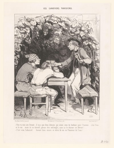 Tres hombres brindan con una copa de vino
Vois tu, mon ami Durant (...) (título en el objeto)
Barqueros de París (título de la serie)
Les canotiers parisiens (título de la serie en el objeto) de Honoré Daumier