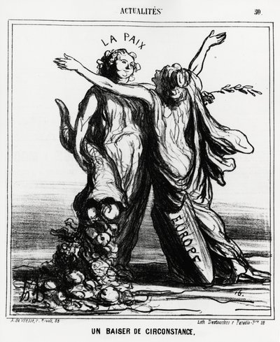 Europa y la paz: un beso especial. Ilustración de Honoré Daumier (1808-1879), publicada en las noticias, "Charivari", con fecha 1 de abril de Honoré Daumier
