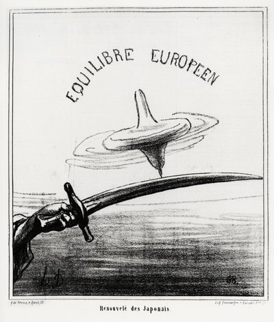 Equilibrio europeo: Renacimiento japonés. Justo después de la restauración del régimen imperial en Japón, tras la renuncia del shogunato Tokugawa en noviembre de 1867. Ilustración de Honoré Daumier, publicada en las noticias, “Charivari”, fechada el 30 de  de Honoré Daumier