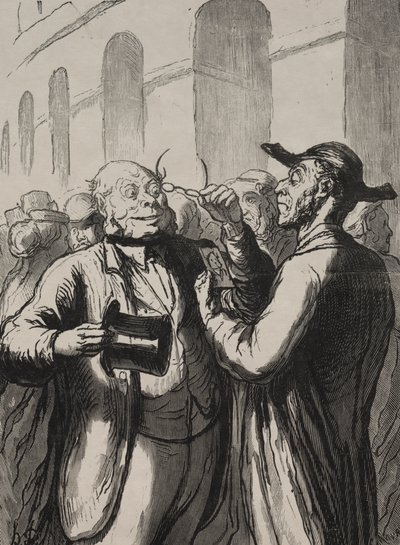 Exposición universal: La inspección de fotografías en los torniquetes. Los calvos deben quitarse el sombrero y los miopes sus gafas de Honoré Daumier