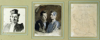 Vista frontal de un abogado, dos acusados y un litigante de Honoré Daumier