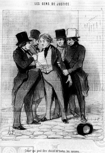 Juego que se puede cazar en todas las estaciones, tomado de la serie “Gente de Justicia”, serie de caricaturas sobre la justicia de Honoré Daumier. “Charivari” de Honoré Daumier
