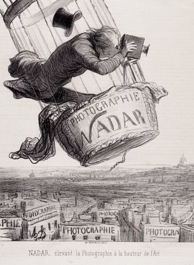 Gaspard Felix Tournachon, conocido como Felix Nadar (1820-1910) elevando la fotografía a la altura del arte. Litografía basada en un dibujo sobre papel. Dim: 29x41cm. de Honoré Daumier