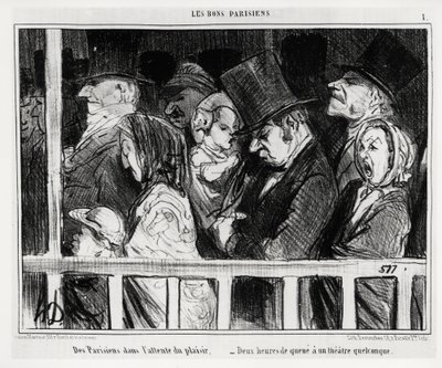 Buenos parisinos: parisinos esperando diversión, dos horas de cola en algún tipo de teatro. Ilustración de Honoré Daumier (1808-1879), publicada en "Charivari", con fecha 5 de marzo de Honoré Daumier