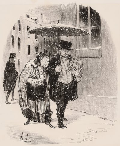 Inconveniente de tener un pariente llamado Babylas, lo que obliga a llevarle un ramo de flores el 24 de enero (De la serie) de Honoré Daumier