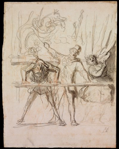 La Parade - The Side-Show - Daumier, Honore (1808-1879) - 1865 - Tiza negra, acuarela en Papel - 39,8x30,4 - Szepmuveszeti Muzeum, Budapest de Honoré Daumier