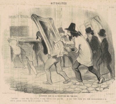 El último día de la recepción de los cuadros. ¡Saperlotte... ya hemos llegado y mi cuadro no está terminado! de Honoré Daumier