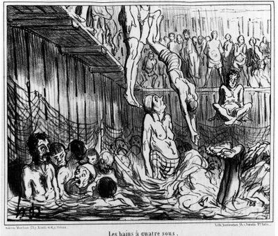 Los baños a cuatro centavos: ilustración tomada de la serie “Boceto de Verano” de caricaturas sobre la natación y el baño de cuatro centavos por Honore Daumier (1808-1879). “Charivari” de Honoré Daumier