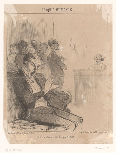 Hombre aplaude, bostezando, a un cantante detrás de un piano Une victime de la politesse (título sobre objeto) Actuaciones musicales (título de la serie) Croquis musicaux (título de serie sobre objeto) de Honoré Daumier