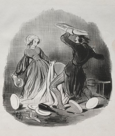 Costumbres matrimoniales: ¡Ah! piensas que tu esposa no te provee lo suficiente, villano..., 1841 de Honoré Daumier