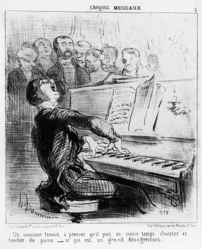 Bocetos musicales: un caballero que quiere demostrar que puede cantar y tocar el piano al mismo tiempo, lo cual es muy vergonzoso. Ilustración de Honore Daumier (1808-1879), publicada en “Charivari”, fecha 17 de febrero de 1852. de Honoré Daumier
