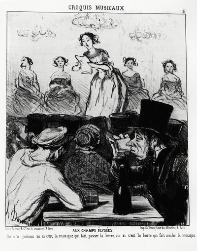 Bocetos musicales: en Champs Elysees, nunca supimos si es la música la que hace pasar la cerveza o la cerveza la que hace tragar la música. Ilustración de Honore Daumier (1808-1879), publicada en “Charivari”, fecha 12 de febrero de 1852. de Honoré Daumier