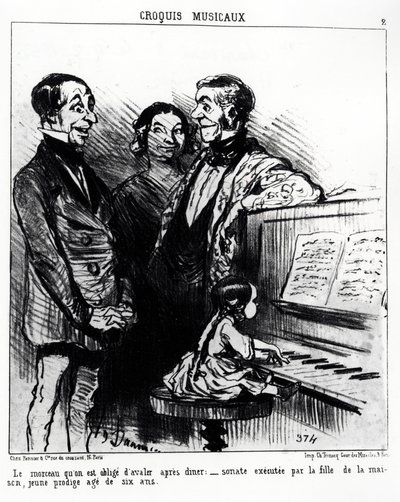 Bocetos musicales: la canción que te ves obligado a tragar después de la cena: sonata ejecutada por la hija de la casa, una joven prodigio de seis años. Ilustración de Honoré Daumier, publicada en 
