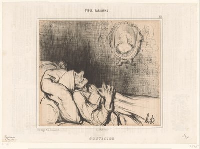 Un anciano en la cama mira el retrato de una mujer joven
Recuerdos (título en el objeto)
Tipos parisinos (título de la serie)
Tipos parisinos (título de la serie en el objeto) de Honoré Daumier