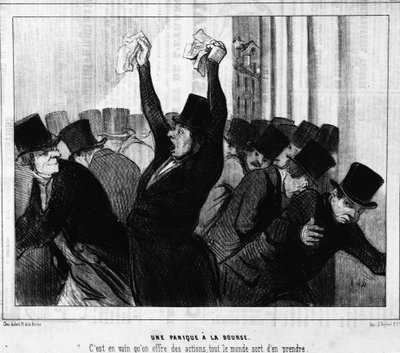 Pánico en la bolsa. Fue en vano que se ofrecieron acciones, todos se alejaron de ellas: de "Actualidades", una serie de caricaturas sobre la bolsa de valores de Honoré Daumier (1808-1879). Charivari de Honoré Daumier