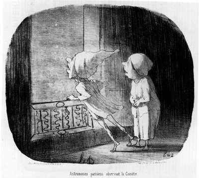 Astrónomos parisinos observando el cometa, tomado de “Astronomy”, una serie de caricaturas sobre astrónomos y el cometa de Honoré Daumier (1808-1879). “Charivari” de Honoré Daumier