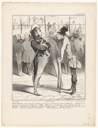 Robert-Macaire conversando con Bertrand frente al escaparate de una imprenta
Caricaturana (título de la serie en el objeto) de Honoré Daumier