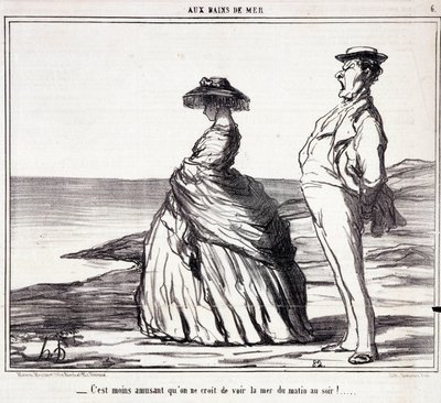 Serie "Los Baños de Mar": "¡Es menos divertido de lo que piensas ver el mar de la mañana a la noche!". Caricatura sobre turistas de vacaciones. Grabado de Honoré Daumier (1808-1879). Extracto del periódico "Le Charivari" del 9 de septiembre de Honoré Daumier