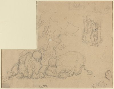 Hoja de estudios con dos hombres grandes en el suelo de Honoré Daumier