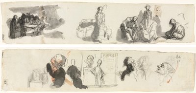 Hoja de estudios con un grupo de cuatro figuras a la derecha (recto) Bocetos de varias figuras (verso) de Honoré Daumier