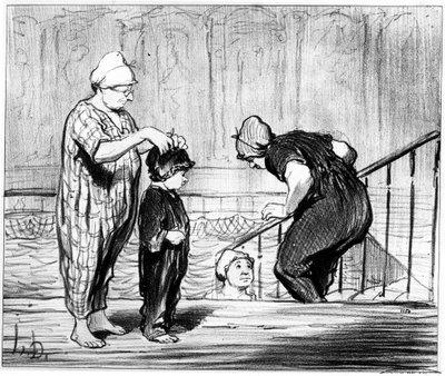 Piscina: ilustración de la serie "Boceto de verano" de caricaturas sobre natación y el baño de cuatro peniques por Honoré Daumier (1808-1879). "Charivari", alrededor de 1850 de Honoré Daumier