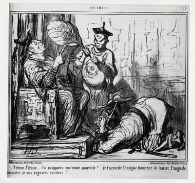 Tchinn Tchinn... ¡Me traes buenas noticias! Te concedo el gran honor de besar el polvo augusto de mis augustos zapatos. En la serie En China, ilustración de Honoré Daumier, publicada en 