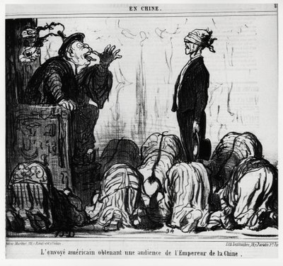 El enviado americano obteniendo una audiencia del Emperador de China. En la serie En Chine, ilustración de Honoré Daumier (1808-1879), publicada en "Charivari", con fecha 21 de octubre de Honoré Daumier