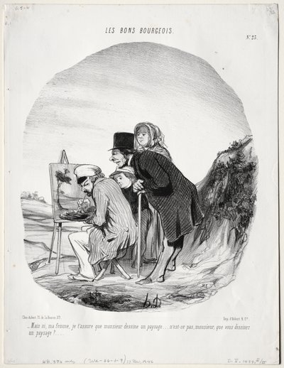 The Good Bourgeois, Plate 23: "But yes, my dear, I assure you that this gentleman is drawing a landscape...is it not so, sir, that you are drawing a landscape?" (Les bons bourgeios, planche 23: Mais si, ma femme...monsieur dessine un paysage..) de Honoré Daumier