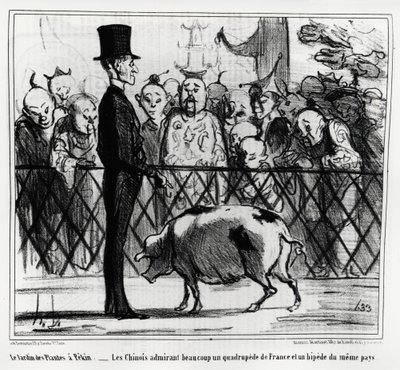 El jardín de plantas en Pekín: los chinos admirando un cuadrúpedo de Francia y un bip de el mismo país. Ilustración de Honoré Daumier (1808-1879), publicada en "Charivari", China Actualidades de Honoré Daumier