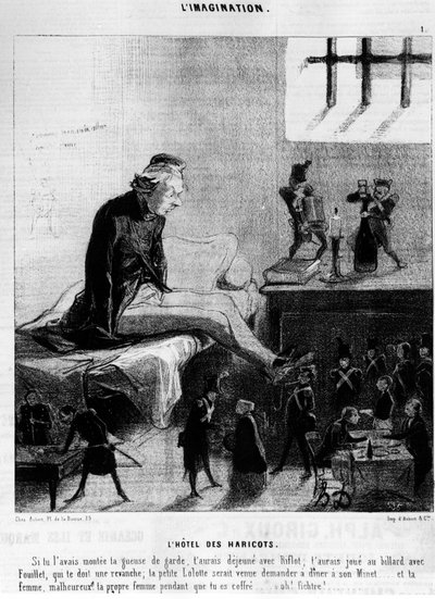 El hotel de los frijoles. Si la hubieras puesto en guardia, habrías almorzado con Riflot; habrías jugado al billar con Fouillet, que te debe una revancha; la pequeña Lolotte habría venido a pedirle a su Twink que cenara... y tu esposa, ¡infeliz! tu propia  de Honoré Daumier