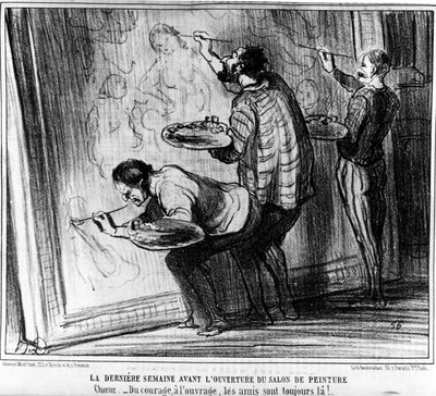 La última semana antes de la apertura del Salón de Pintura. Choughtness -De coraje para trabajar, los amigos siempre están ahí!... , tomado de "Pinturas y Salones", serie de caricaturas de Honoré Daumier (1808-1879). "Charivari" de Honoré Daumier