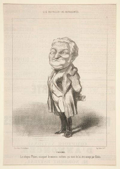 Thiers: El ciudadano Thiers probándose el nuevo traje que le acaba de enviar Bavin de Honoré Daumier