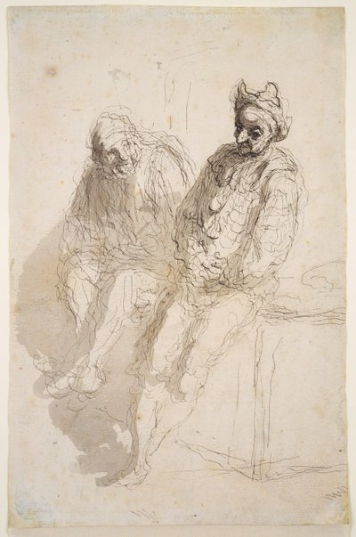 Dos Saltimbanques, c.1865-73 (tinta negra-gris, aguadas grises sobre papel) de Honoré Daumier
