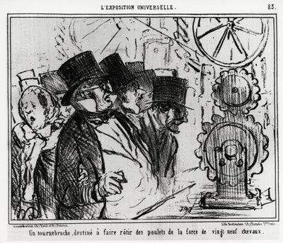 Exposición universal: un tocadiscos, diseñado para asar pollos con la fuerza de veintinueve caballos. Ilustración de Honoré Daumier, publicada en 