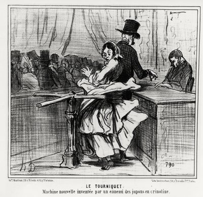Exposición universal: el torniquete: una nueva máquina inventada por un enemigo de las enaguas de crinolina. Ilustración de Honoré Daumier, publicada en las noticias, “Charivari”, fechada el 26 de junio de 1855 de Honoré Daumier
