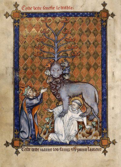 Agregar. 54180, f.14v La Bestia del Apocalipsis, pisoteando a un santo y adorada por un hipócrita arrodillado, ilustración de 