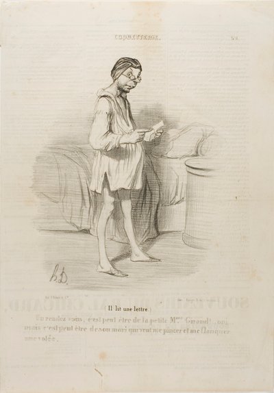 (Está leyendo una carta) "Una cita, ¿podría ser de la guapa Mme Giraud Sí, pero también podría venir de su marido que quiere pellizcarme...", lámina 8 de Coquetterie de Honoré Victorin Daumier