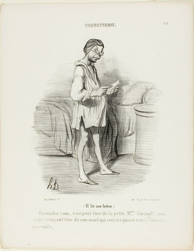 (Está leyendo una carta) "Una cita, ¿podría ser de la guapa Mme Giraud Sí, pero también podría venir de su marido que quiere pellizcarme...", lámina 8 de Coquetterie de Honoré Victorin Daumier