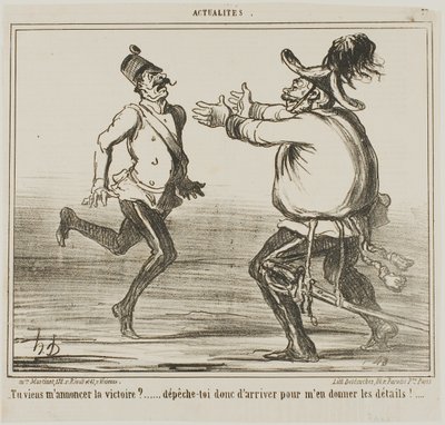 "- ¿Vienes a anunciar la victoria... ¡date prisa y dame los detalles!....," placa 77 de Actualités de Honoré Victorin Daumier