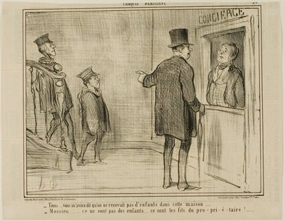 "- Pero usted me dijo que no se admiten niños en esta casa... - Señor, estos no son niños... ¡son los hijos del dueño!...", lámina 23 de Croquis Parisiens, - par Daumier de Honoré Victorin Daumier