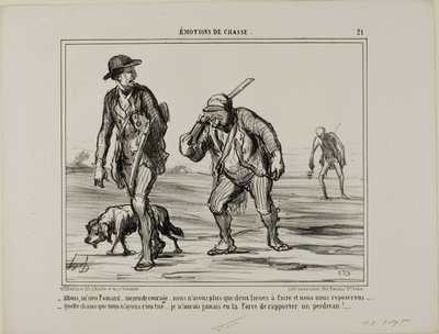 "- Vamos, vamos, Sr. Pomard... mantenga el ánimo... sólo dos leguas más y podremos descansar... - Qué suerte, no embolsamos nada... No tendría fuerzas ni para cargar una perdiz", lámina 21 de Émotions De Chasse. de Honoré Victorin Daumier