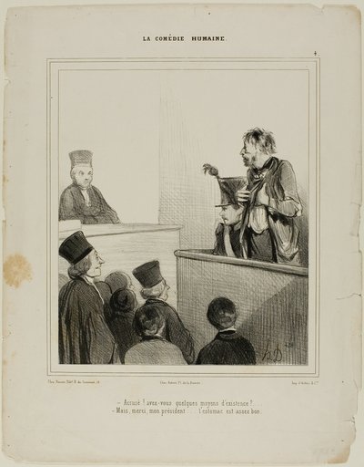 "- ¡Acusado! ¿Tiene algún medio de vida - Gracias Sr. Presidente.... Tengo bastante buen estómago," plato 4 La Comédie Humaine de Honoré Victorin Daumier